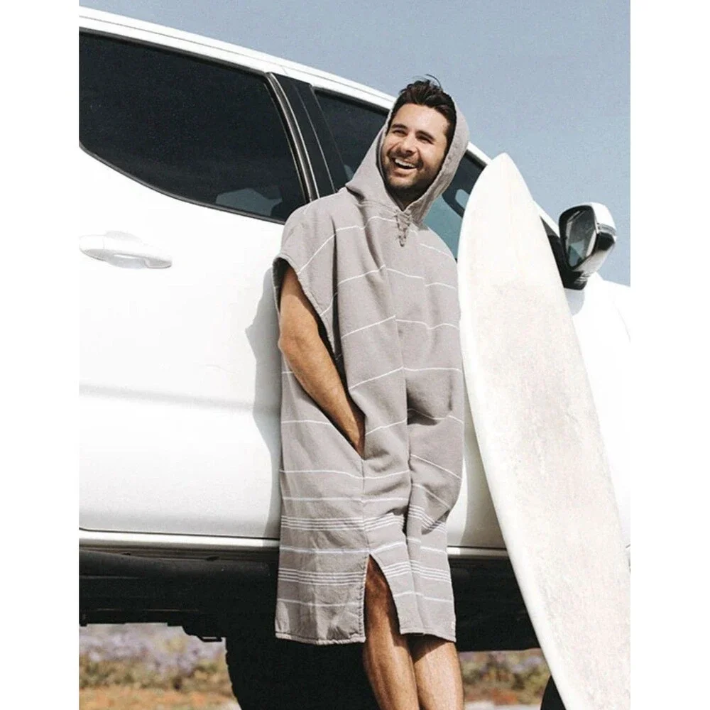 Sand Cloud Classic Stripe Hooded Poncho Grey White Stripe Pockets Lounge Resort